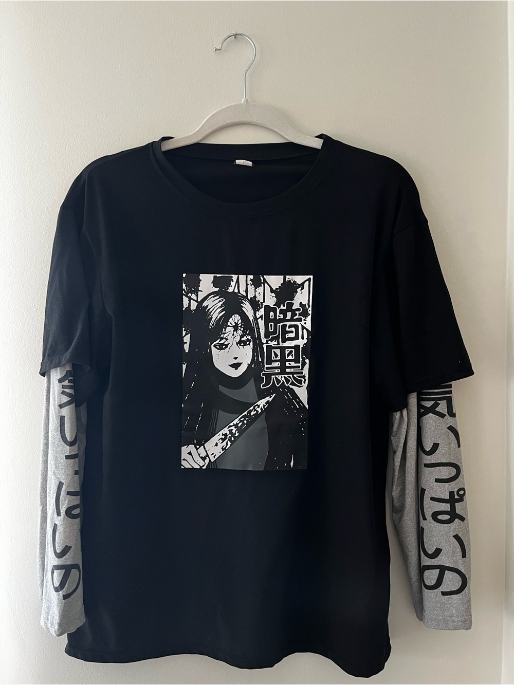 Black Graphic Layered-Look Women’s Korean Streetstyle Long Sleeve Top